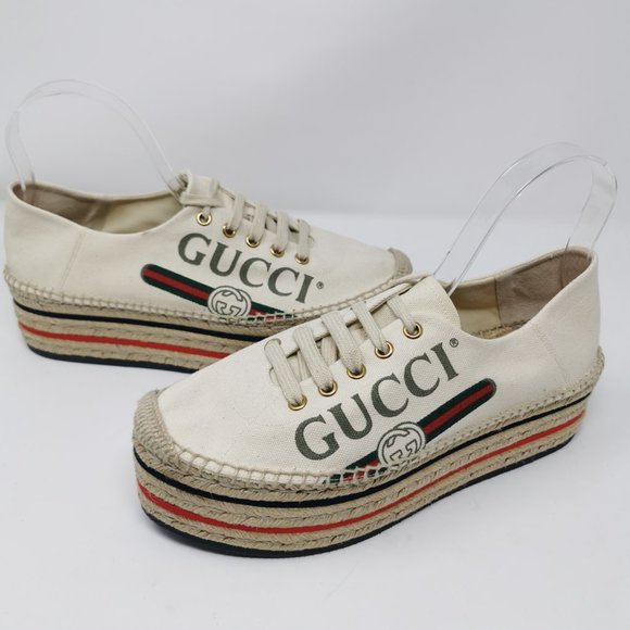 Gucci Canvas Logo Lace-up Wedge Espadrille Platform Shoes - Picture 3 of 13